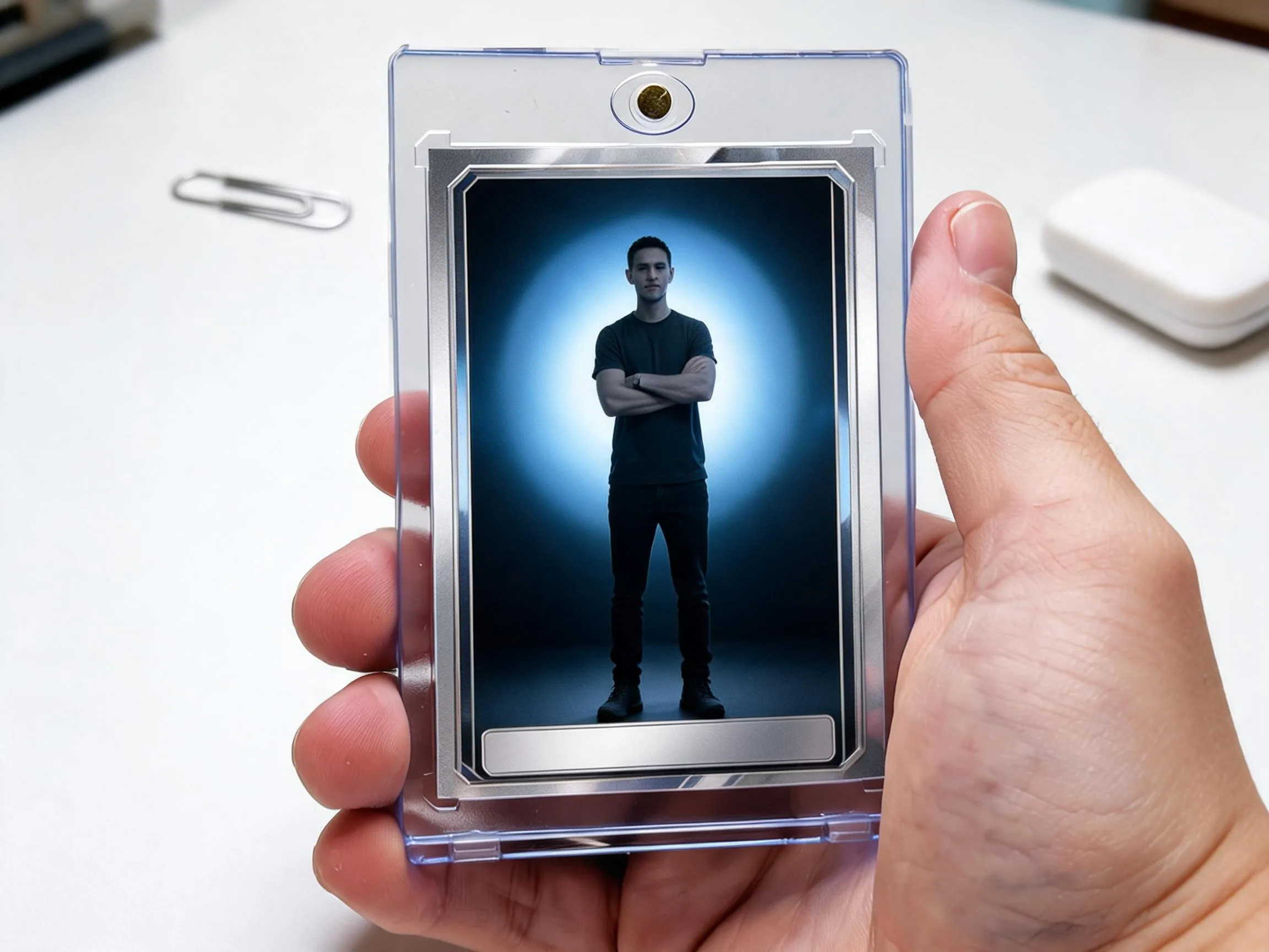 Custom keepsake trading card of an athlete displayed in a clear magnetic case.