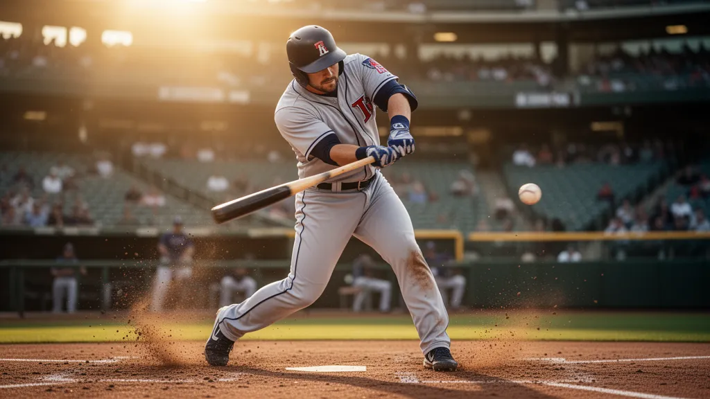 Baseball player swinging bat mid-pitch with dirt and stadium background in golden hour lighting
