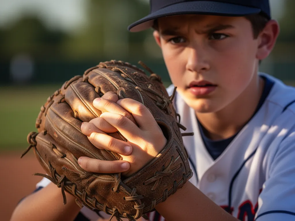 Young player's hands holding baseball glove with focused expression and natural sunlight