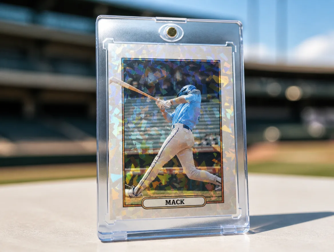 Custom baseball trading card standing in a clear magnetic case