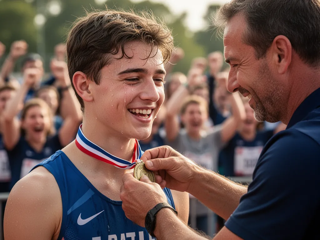 Young athlete's emotional moment receiving medal from coach with genuine joy and pride