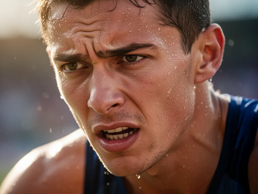 [focused athlete's face showing determination and passion during competitive sports moment]
