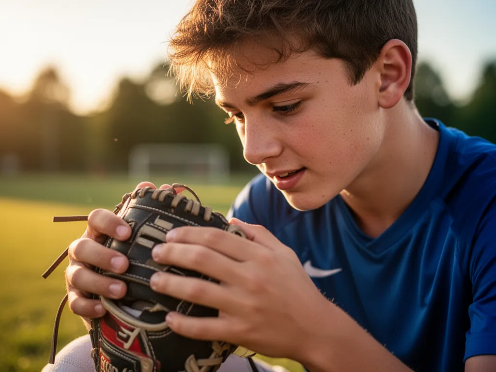 Young athlete examining sports equipment with focused concentration and genuine passion