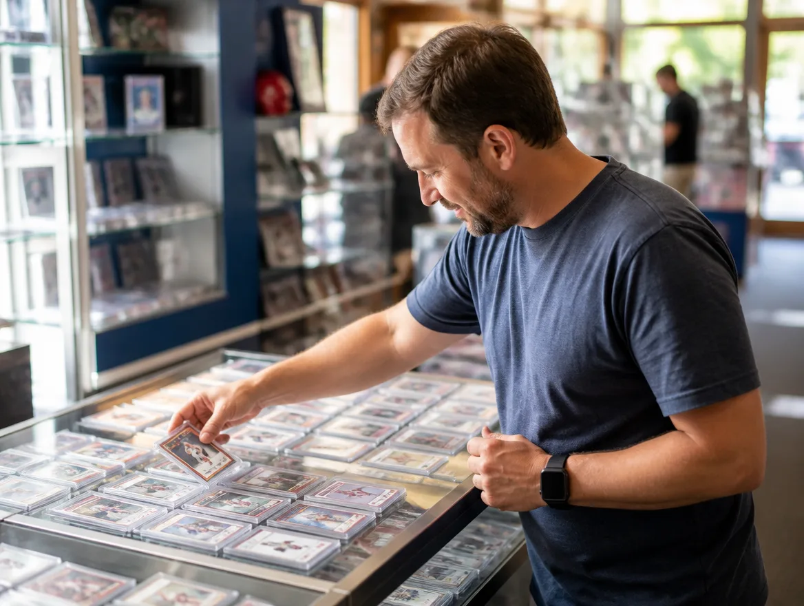 Customer buying baseball cards at a shop display case
