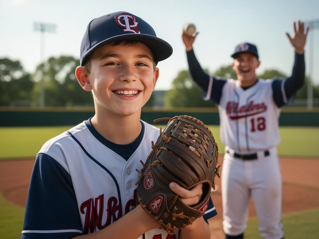 [young baseball player with glove smiling proudly after successful catch with teammate celebrating]