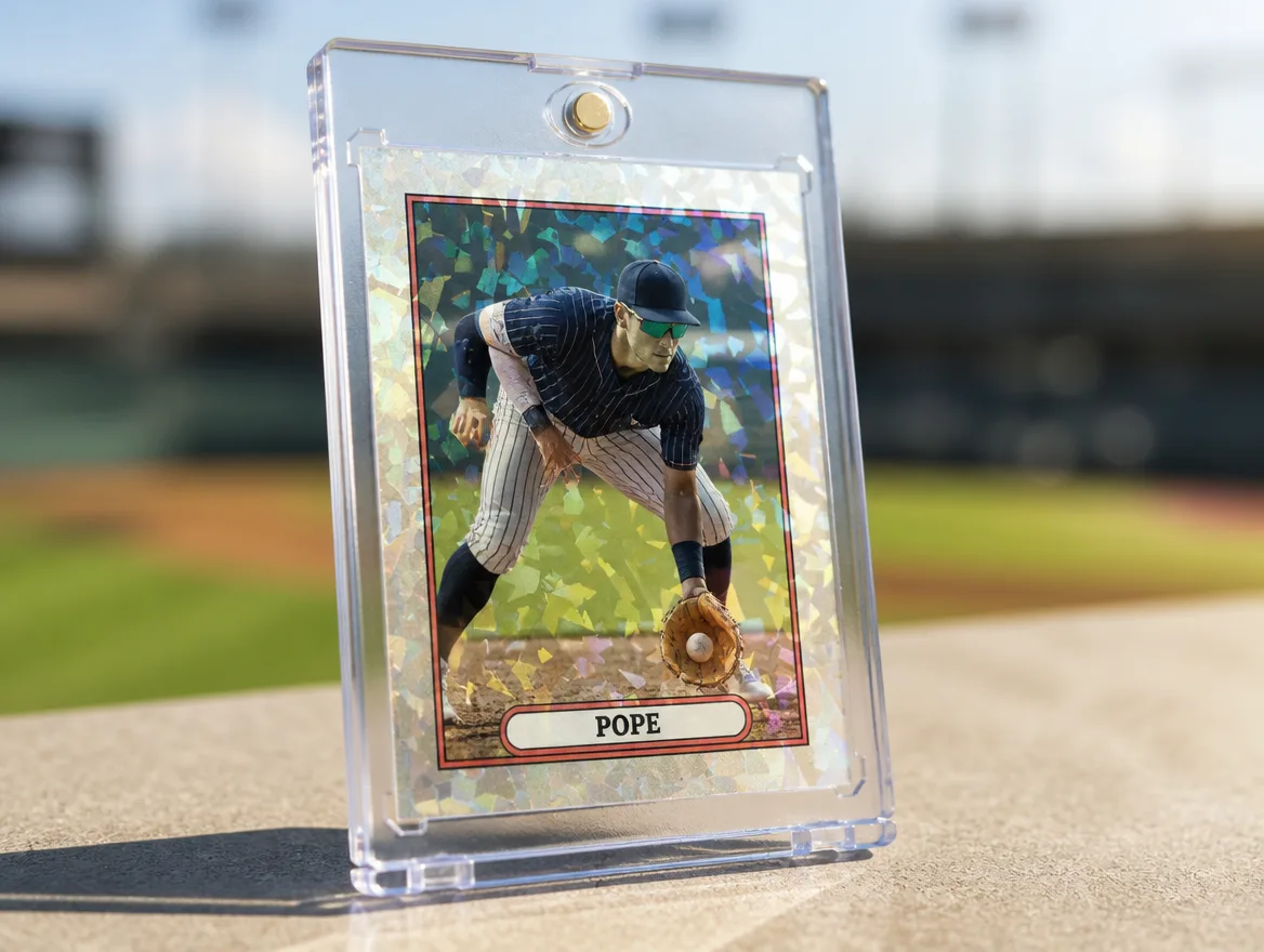 Custom baseball trading card standing in a clear magnetic case
