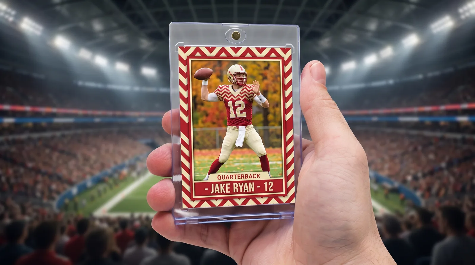 Custom football trading card held up in front of a blurred arena