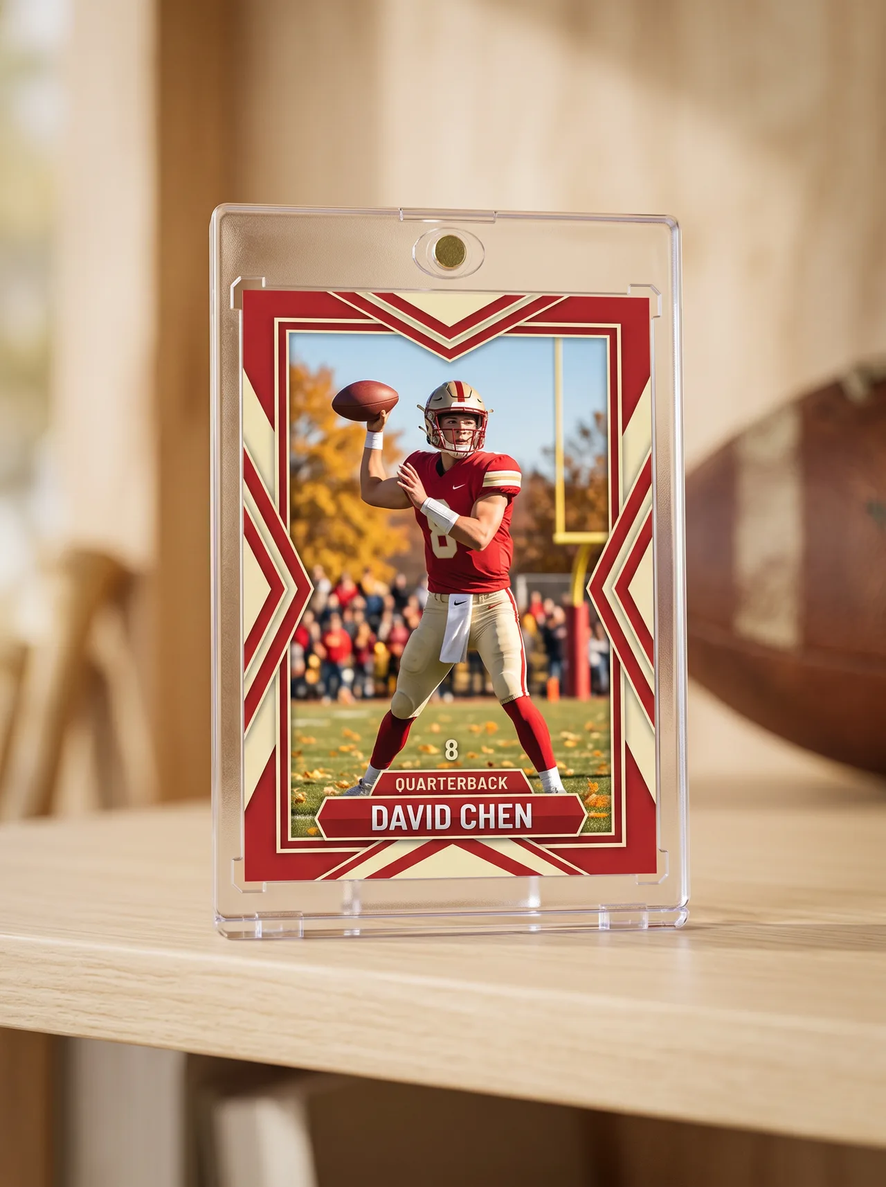 Custom football trading card standing in its magnetic case on a wooden shelf