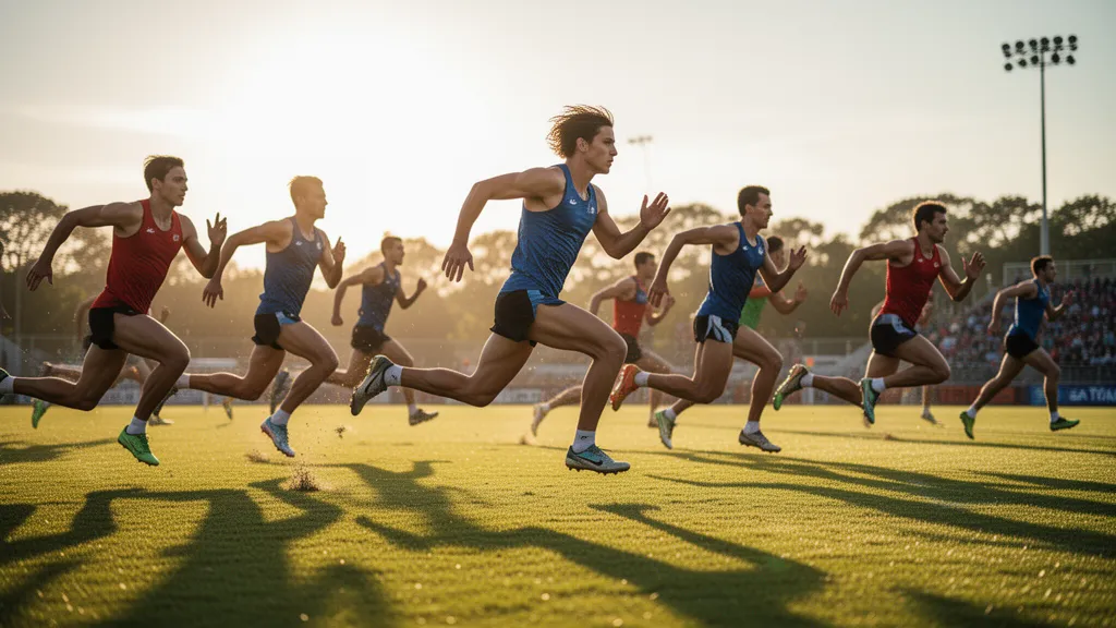 Multiple athletes sprinting across a sunlit outdoor field in dynamic motion and competition.