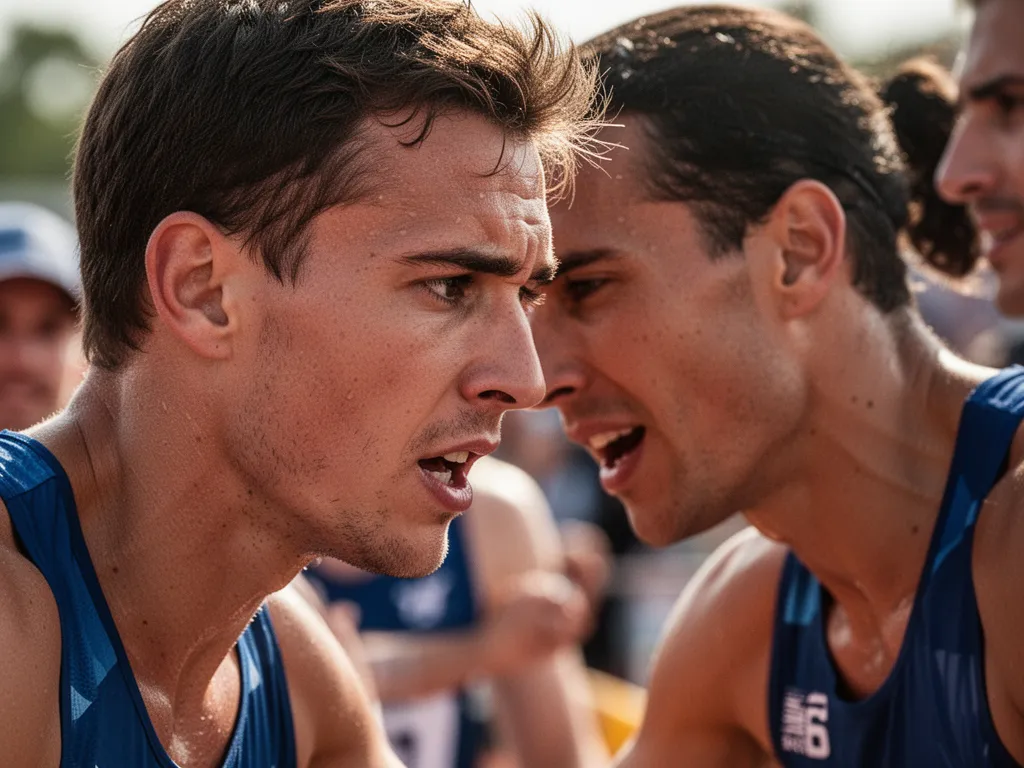 Athlete's determined expression during intense competition with supporters visible in soft-focus background.