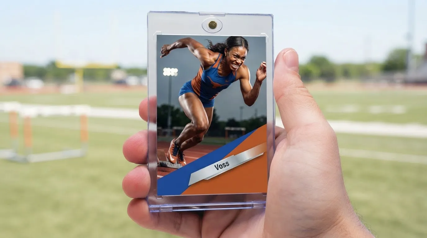 Hand holding magnetic case with premium camera for sport photography trading card of sprinting athlete.