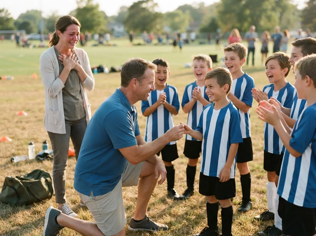 Coach and young athlete share proud emotional moment on field as teammates celebrate nearby.