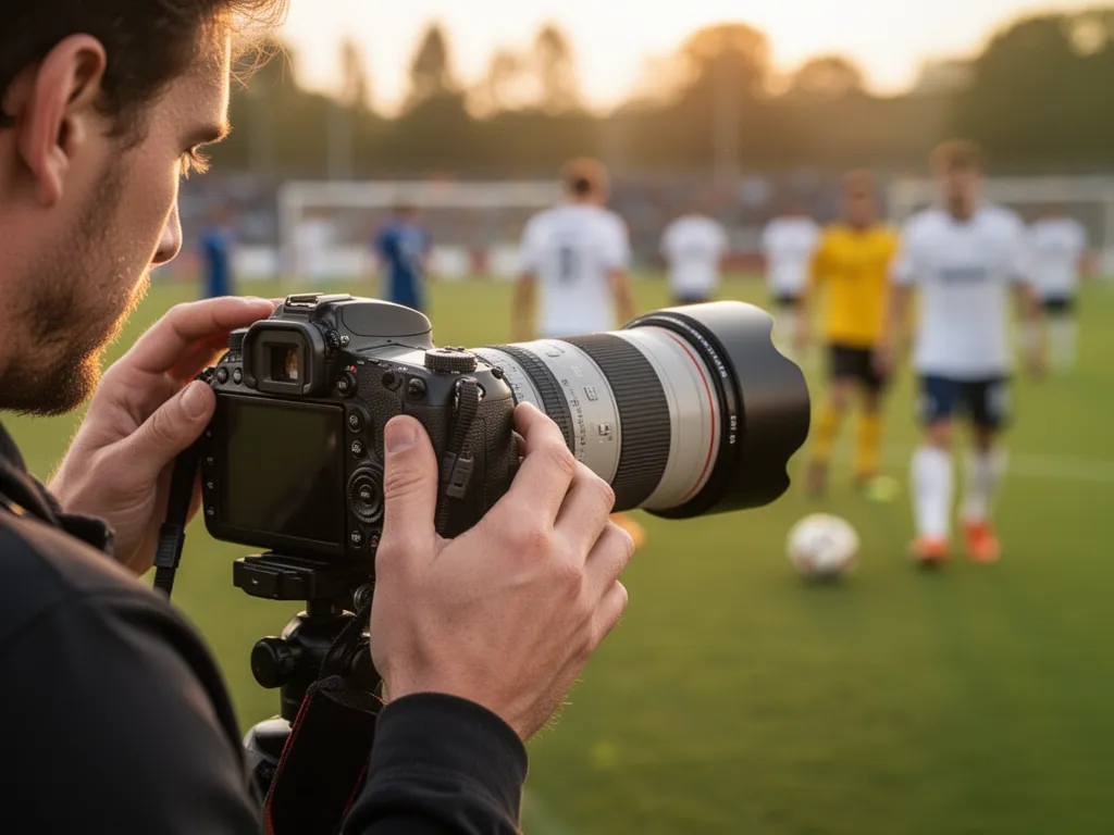 Professional camera equipment with telephoto lens during soccer match photography in warm golden hour lighting
