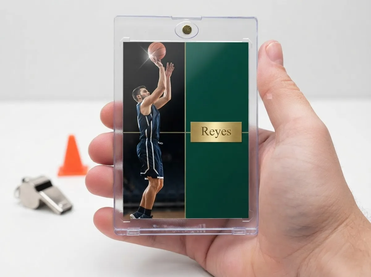 Hand holding magnetic case with custom sports trading card featuring basketball player and gold foil nameplate.