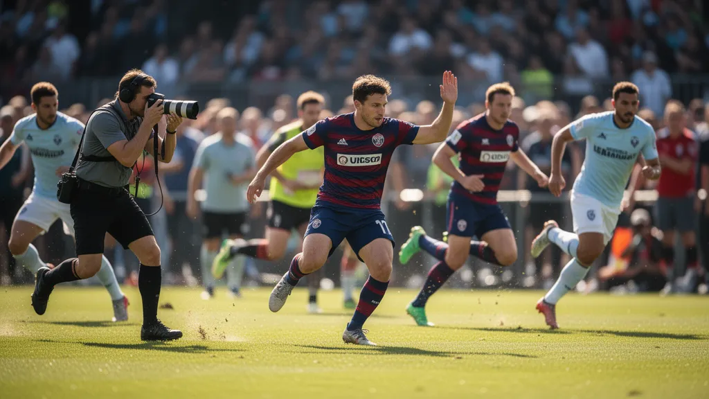 Multiple athletes competing dynamically across a bright outdoor field during intense sports action