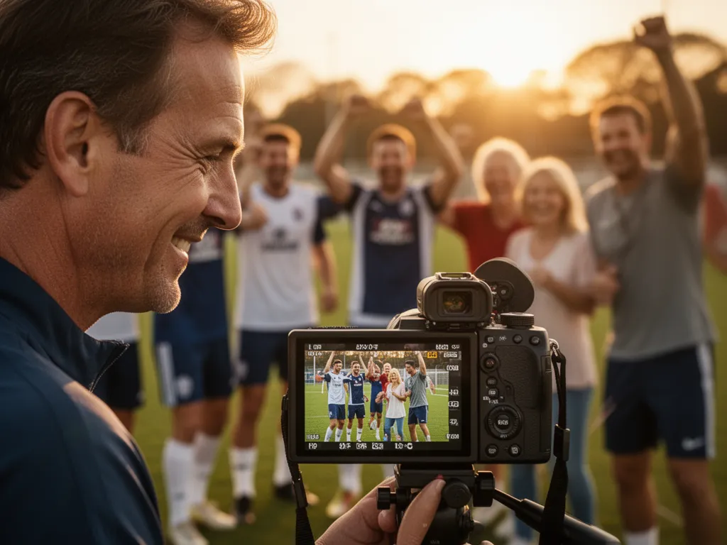 Coach reviewing game footage on camera screen with celebrating athletes visible in soft background light