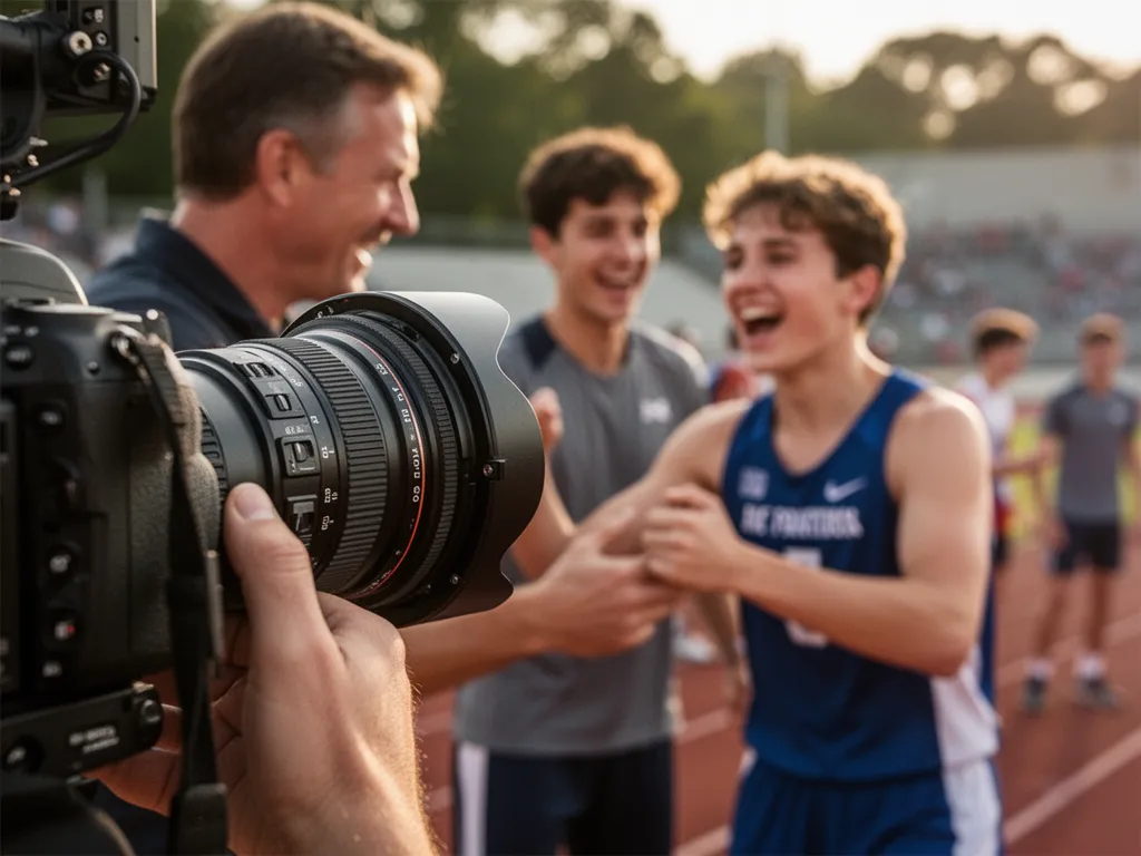 Camera lens detail with coach and young player celebrating sports achievement in background