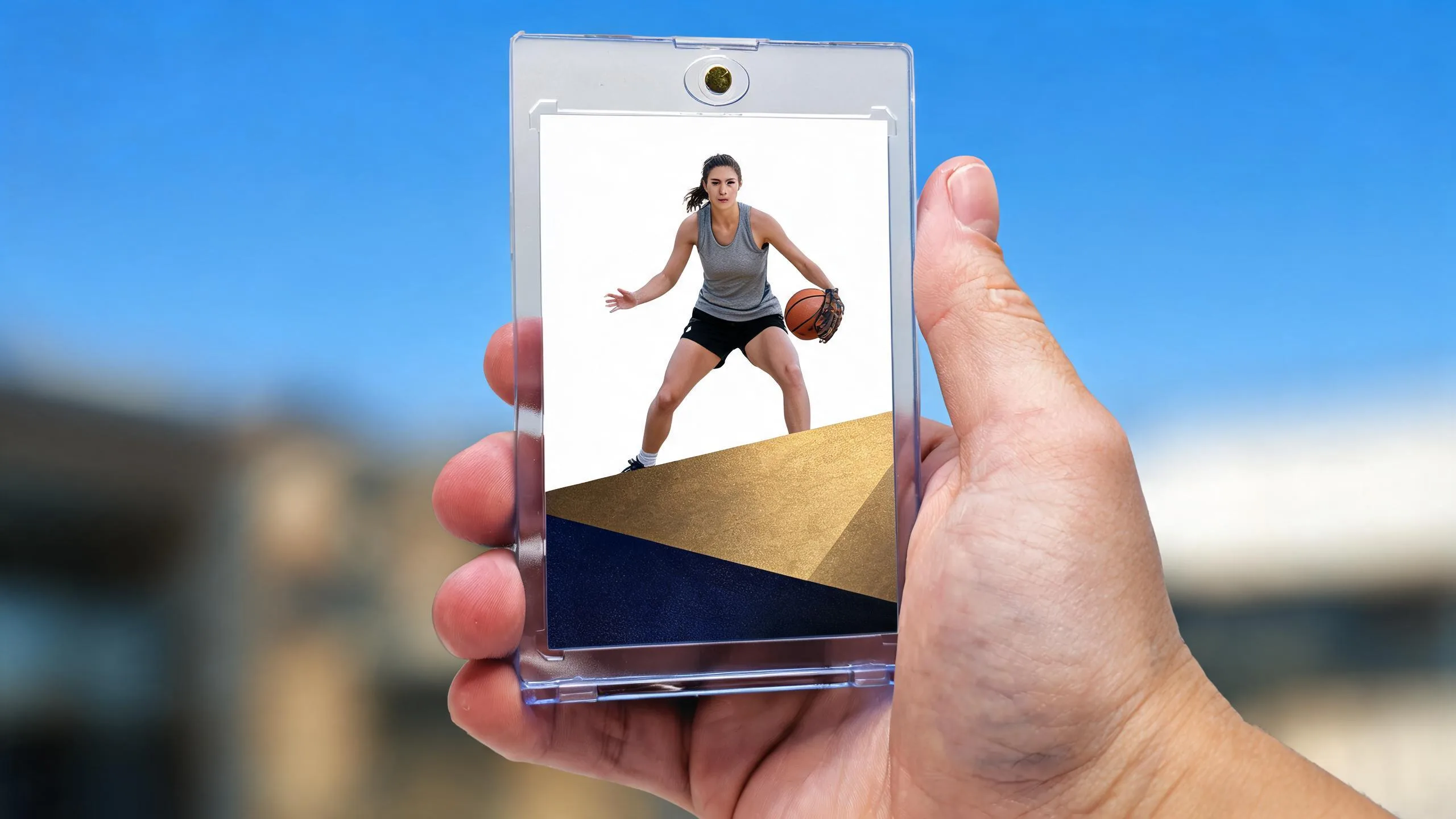 Hand holding magnetic case with athlete card, illustrating camera setting for sports photography techniques.