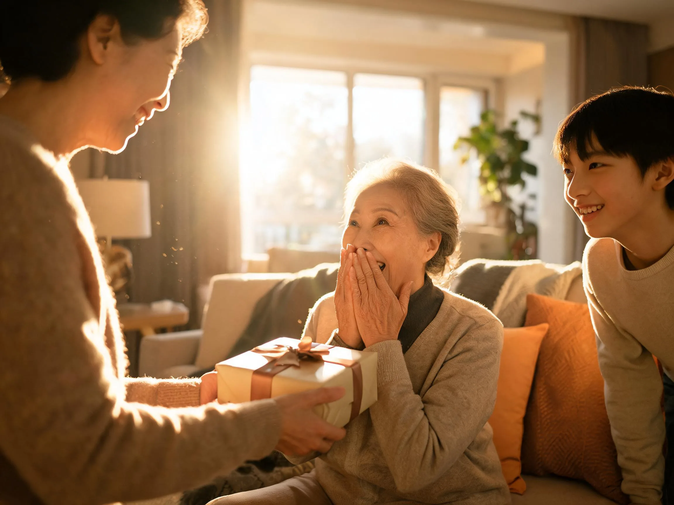 Elderly person reacting with joyful surprise to an unexpected gift indoors.