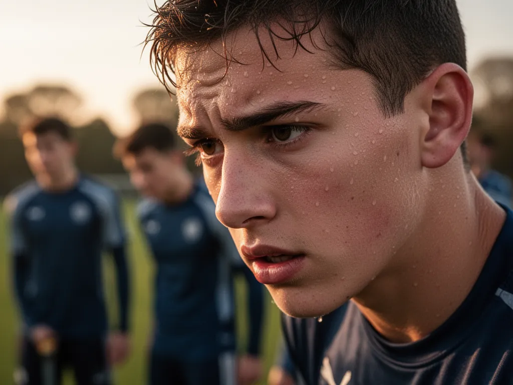 Young athlete's concentrated face during training with golden hour lighting and blurred teammates in background
