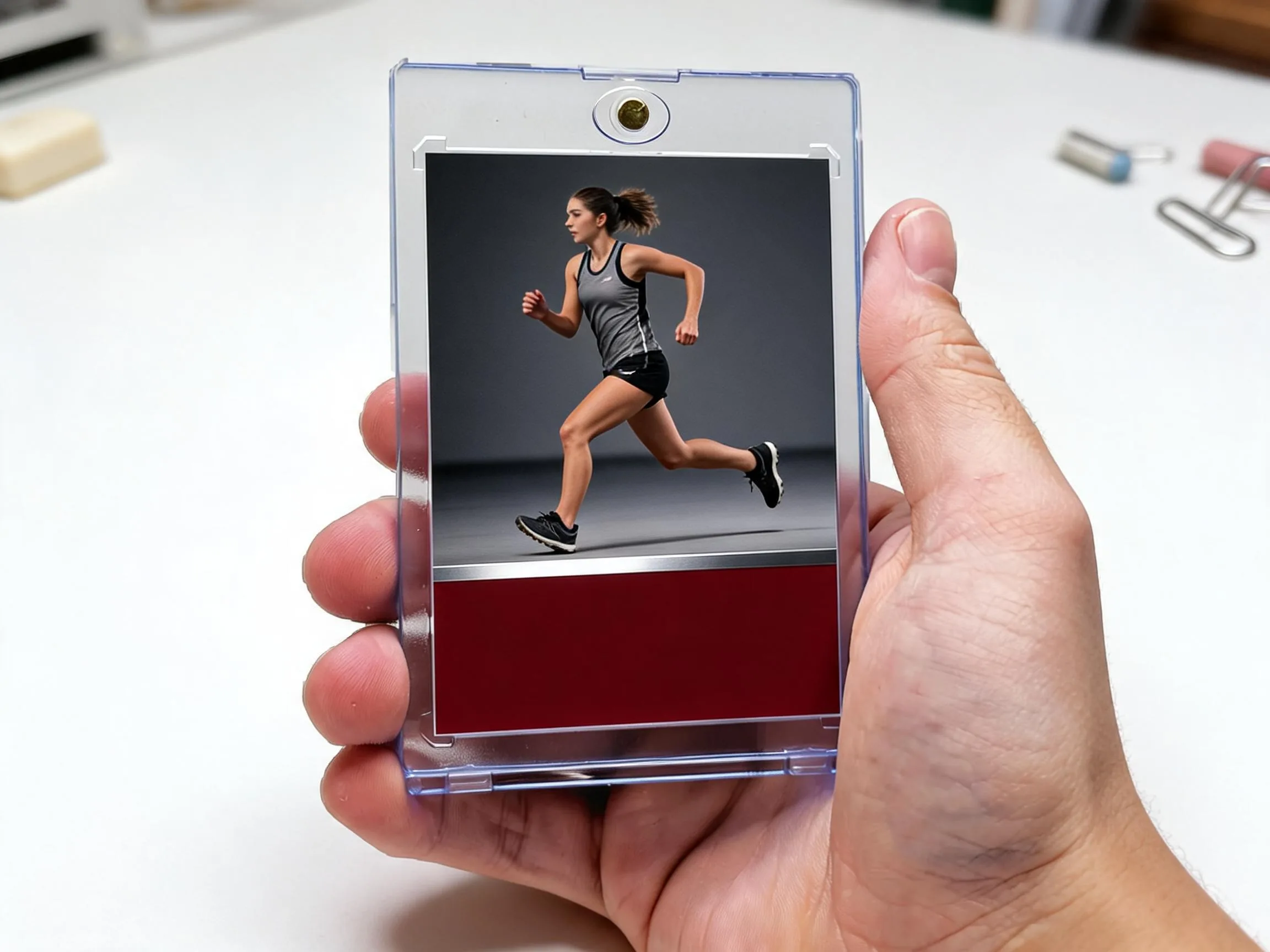 Hand presenting custom keepsake trading card in clear magnetic protective case display.