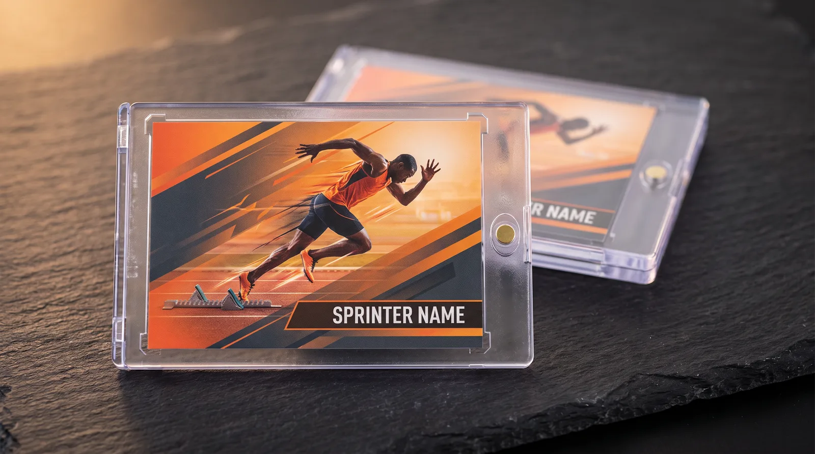 Two custom track sprinting trading cards in magnetic cases on a dark slate surface