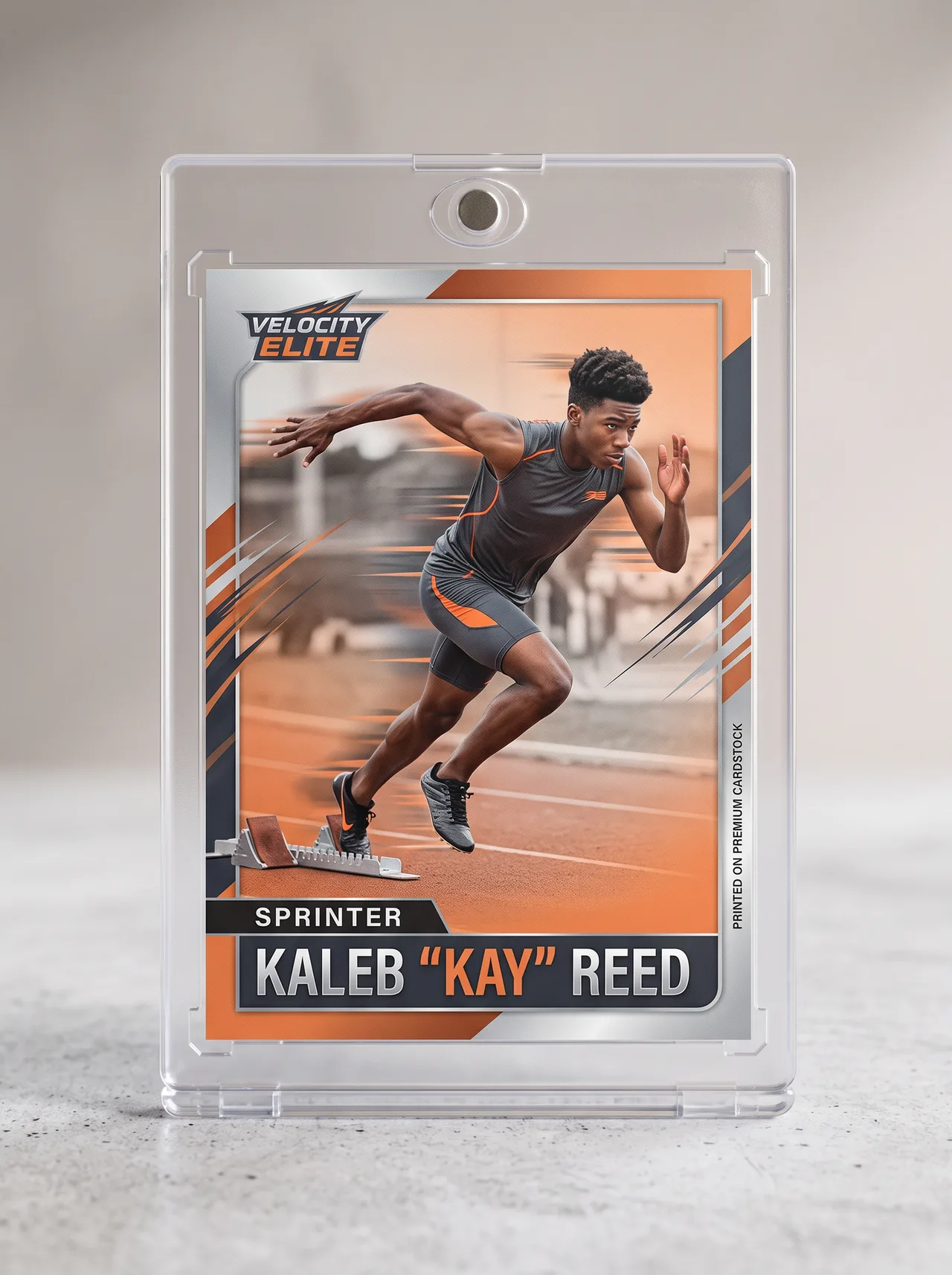 Custom track sprinting trading card standing upright in a clear magnetic display case