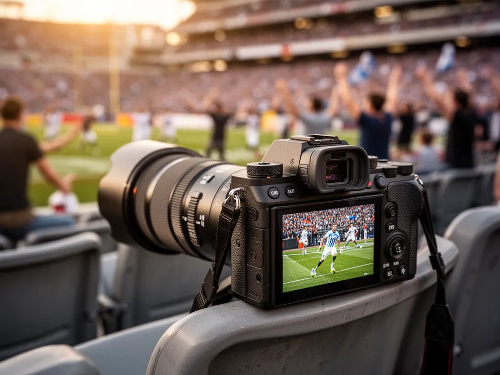 Close-up of professional sports camera equipment mounted with telephoto lens overlooking stadium bleachers.
