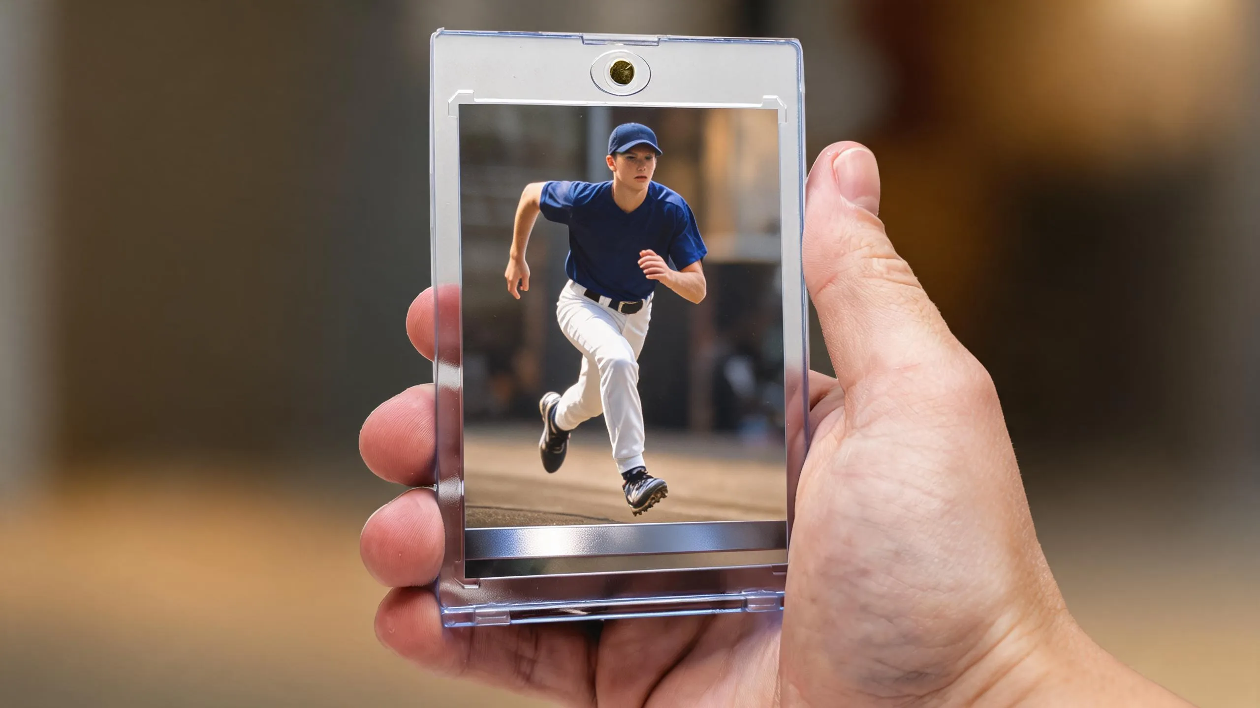 Hand holding magnetic case with athlete card, showcasing canon camera for sports photography styling