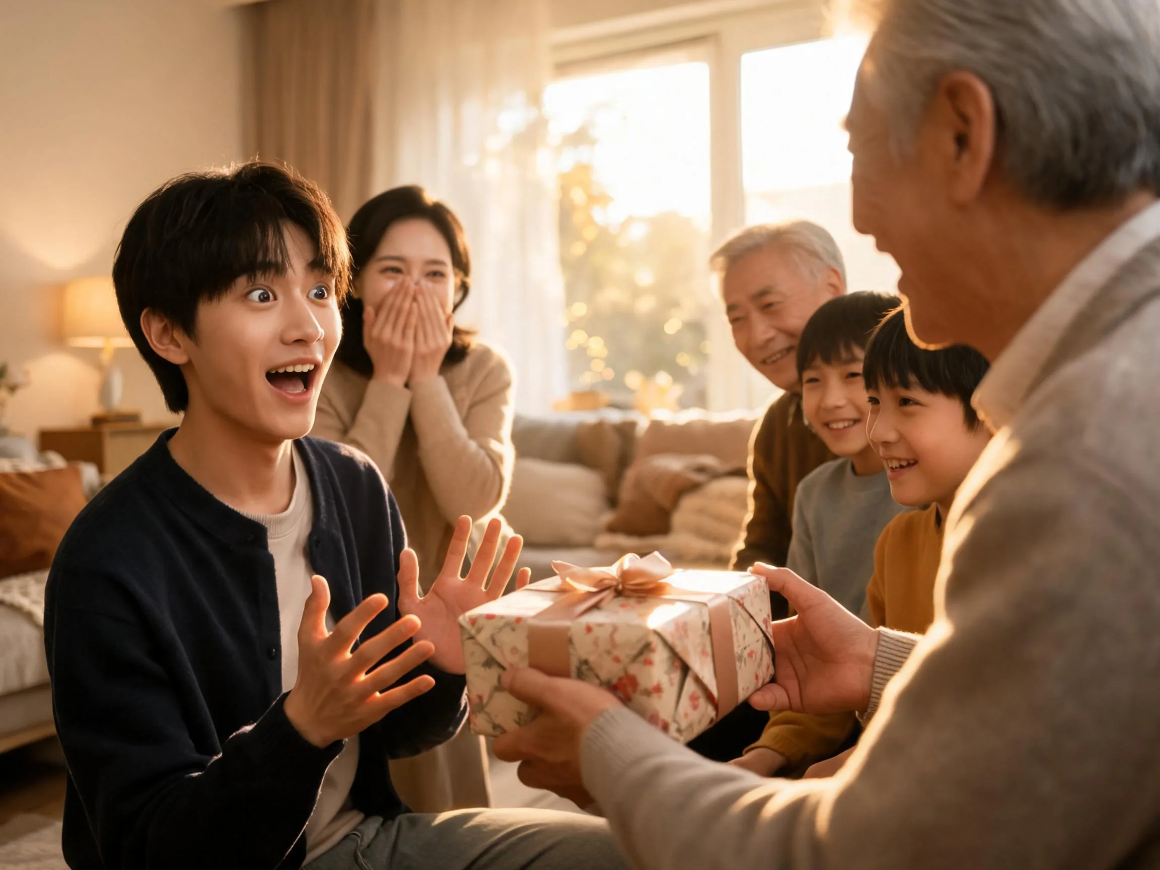Family member reacting with genuine surprise while receiving an unexpected wrapped gift indoors