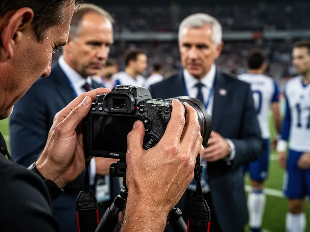 Sports photographer's hands adjusting Canon camera with coaching staff visible blurred in background