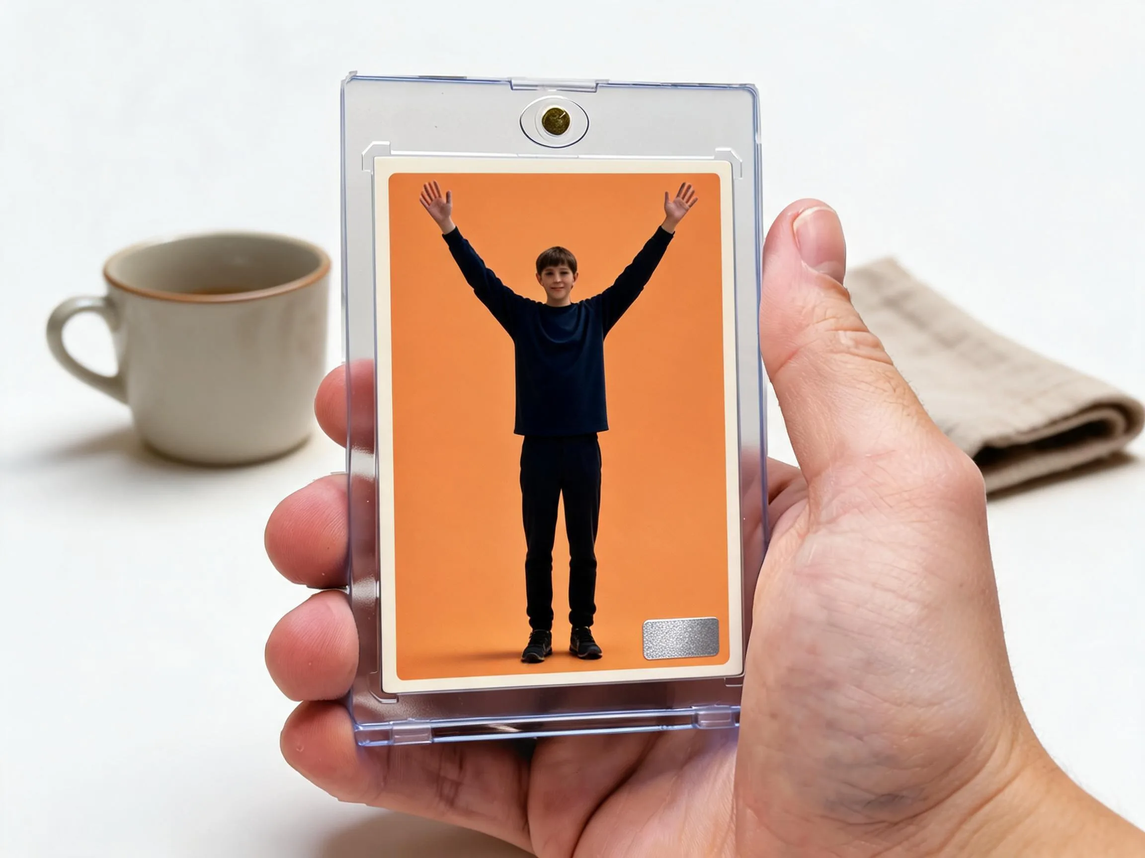 Custom keepsake trading card in clear magnetic case standing on white tabletop display