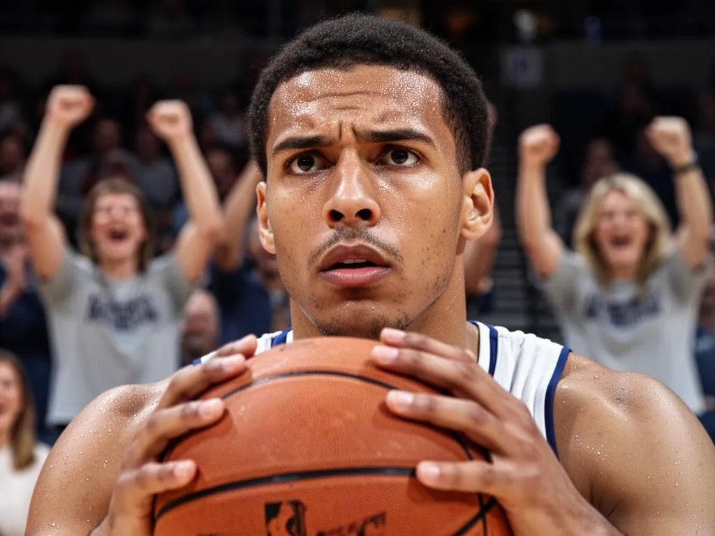 Basketball player concentrating during free throw with celebratory crowd blurred behind