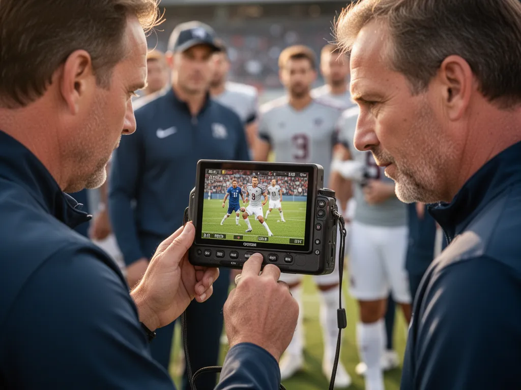 Coach reviewing sports photography on camera screen with players and coaching staff in background
