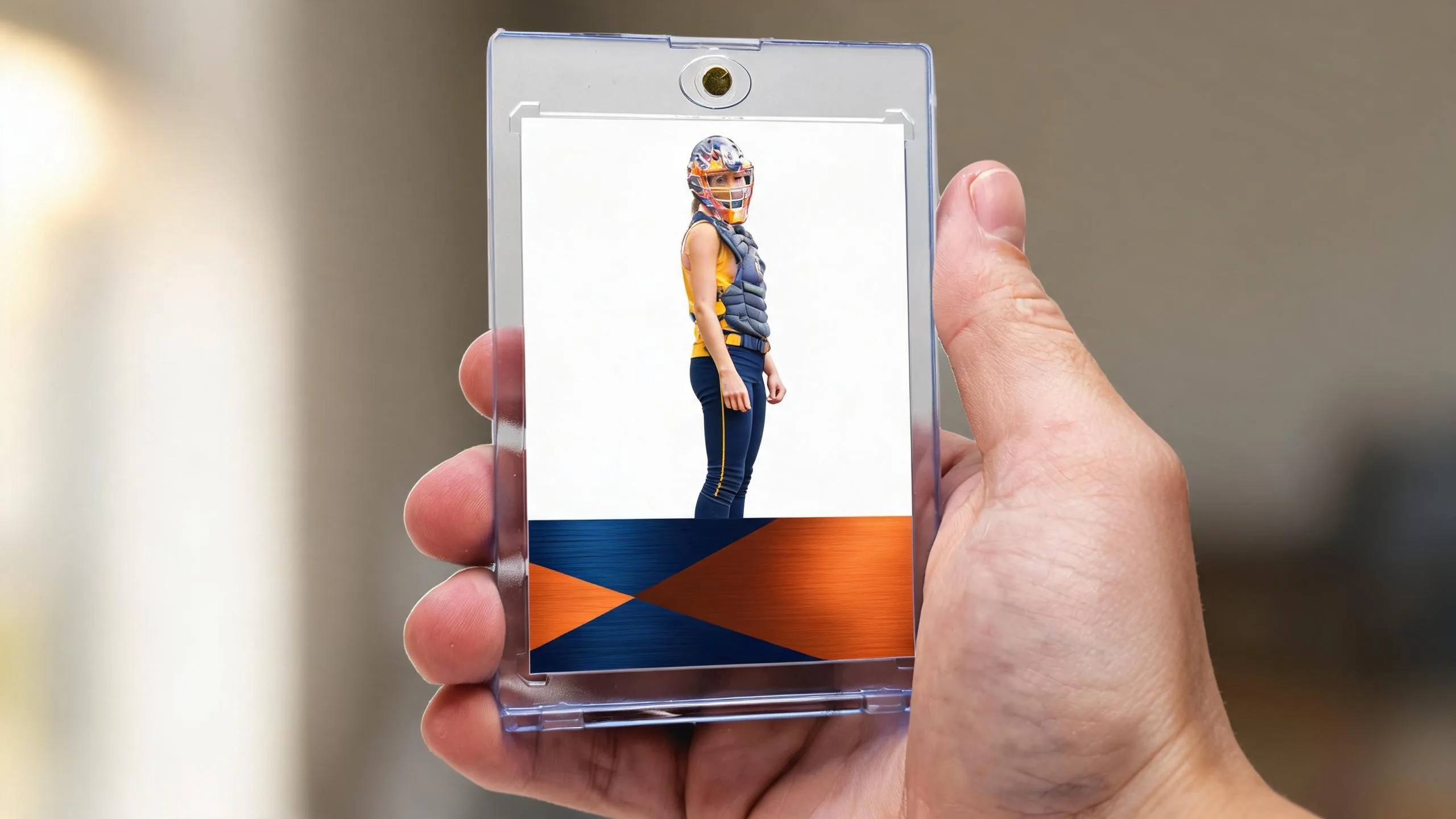 Hand holding magnetic case with athlete card, illustrating canon lens for sports photography clarity.