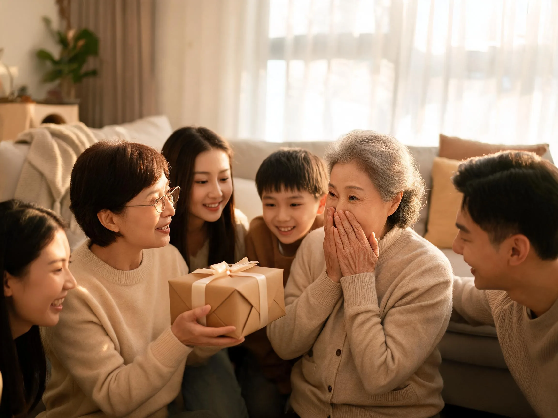 Family member reacting with joyful surprise while receiving an unexpected wrapped gift indoors.