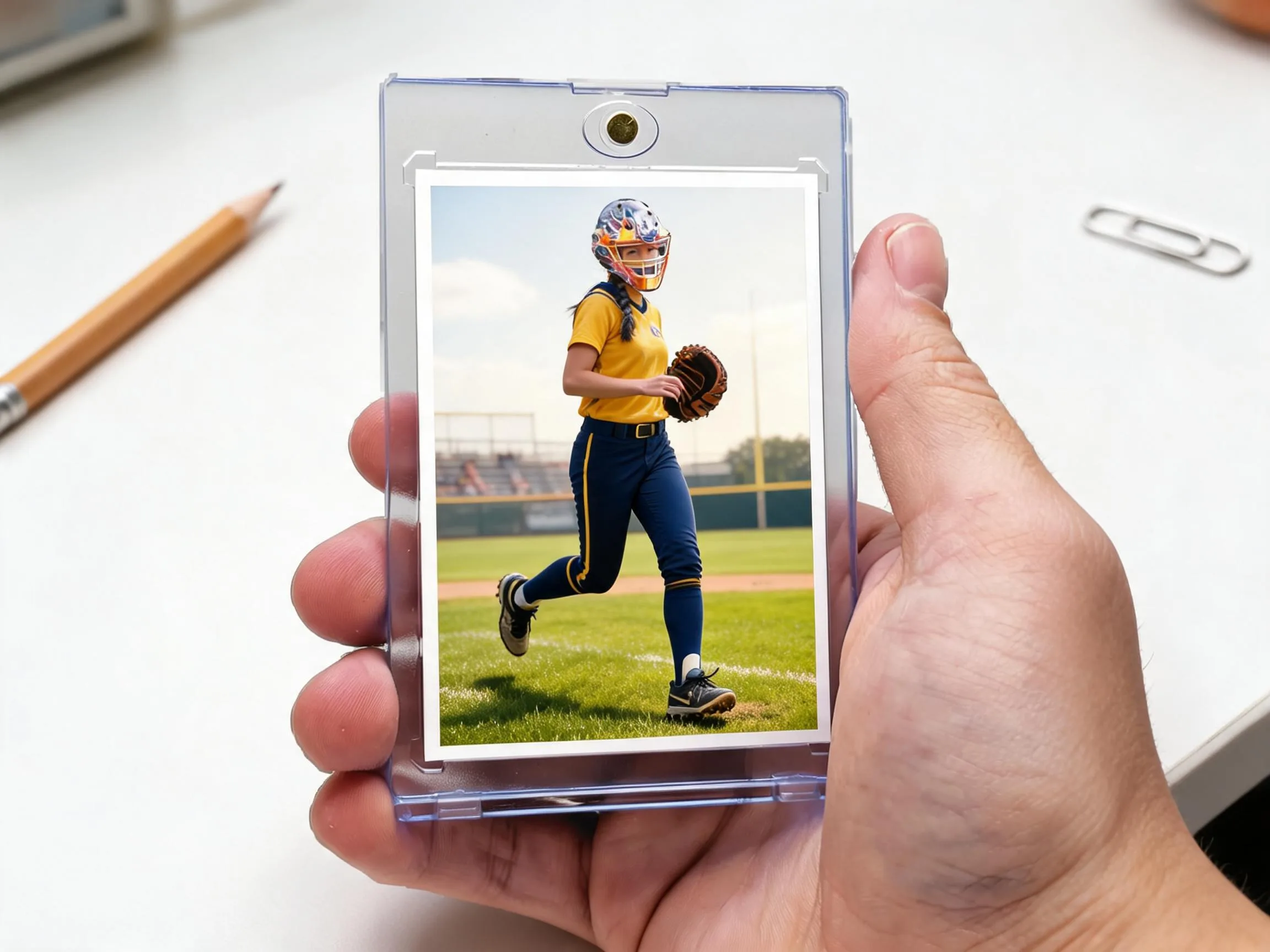 Custom keepsake trading card in magnetic case, sunlit outdoor athlete design, held in hand.