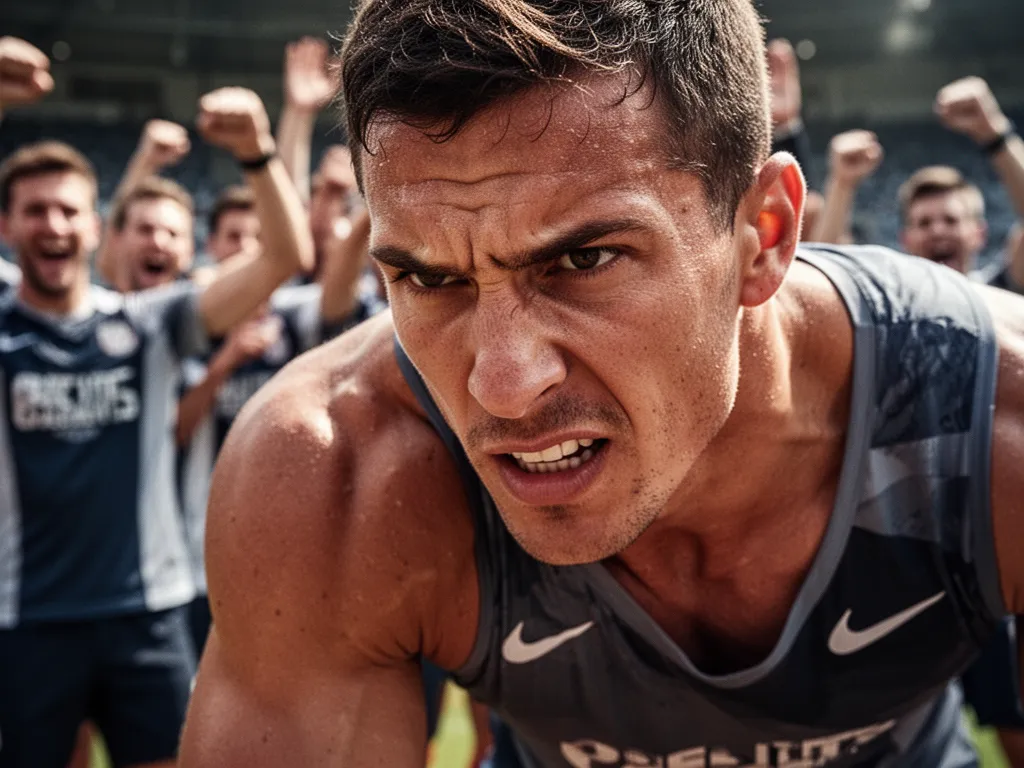 Close-up of athlete's concentrated expression with blurred teammates celebrating in background during competition