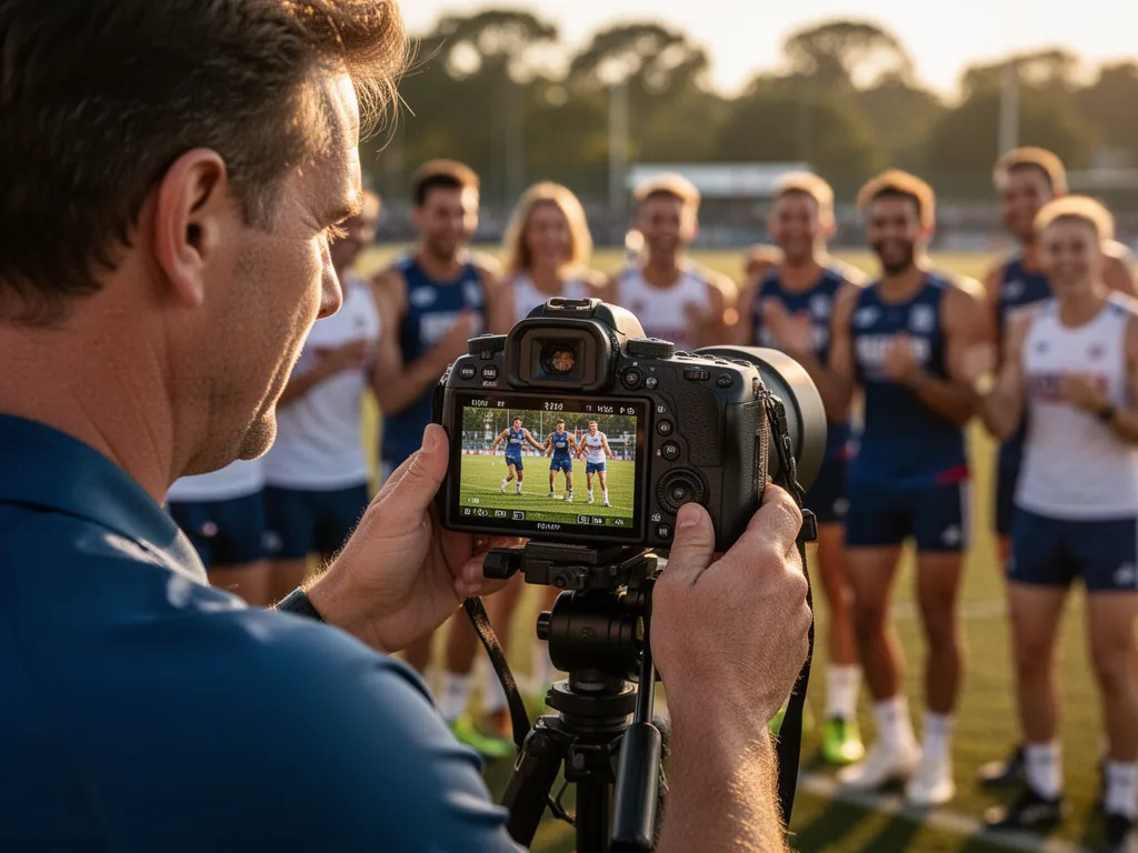 Coach reviewing sports photography on camera with team members celebrating in blurred background