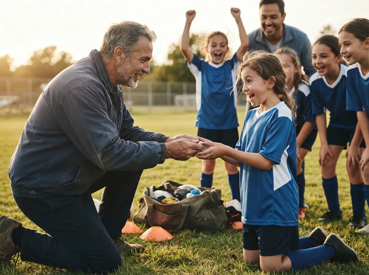 Coach and cheering teammates share an emotional moment with a young athlete on the field.