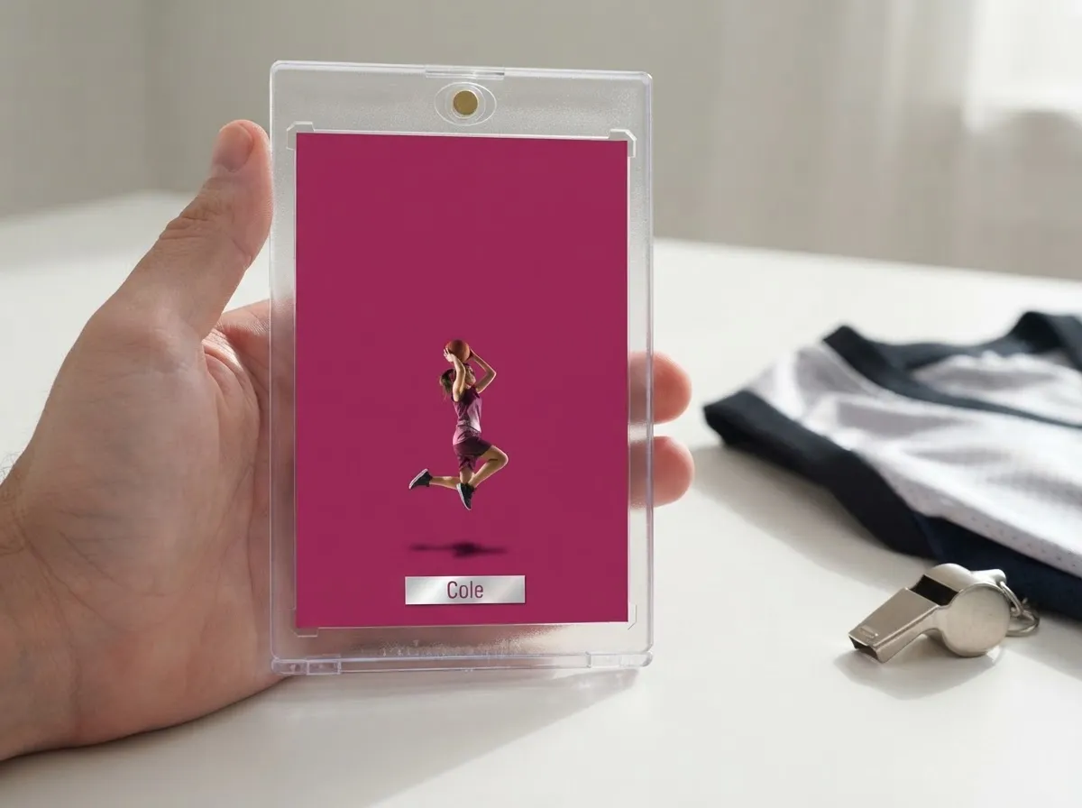 Hand holding magnetic case with magenta editorial-style custom sports trading card inside.