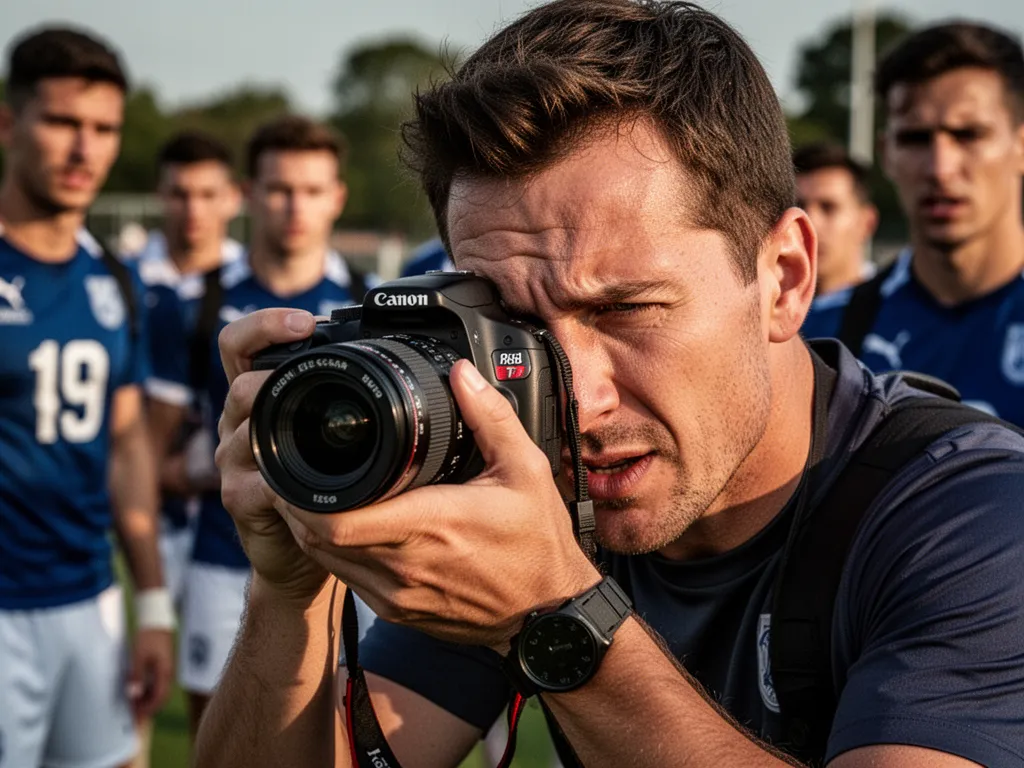 Sports photographer focused intently while operating Canon Rebel T7 camera during outdoor athletic competition.