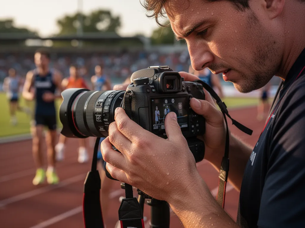 Sports photographer's hands adjusting Canon camera during outdoor athletic event competition