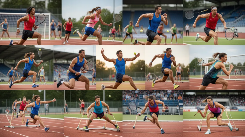Multiple athletes competing in different sports with dynamic motion and natural outdoor lighting