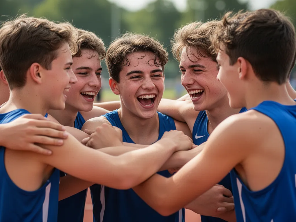 Young athletes celebrating together outdoors showing genuine emotion and team camaraderie