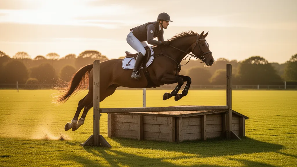 Equestrian rider on horse jumping over wooden fence during golden hour competition