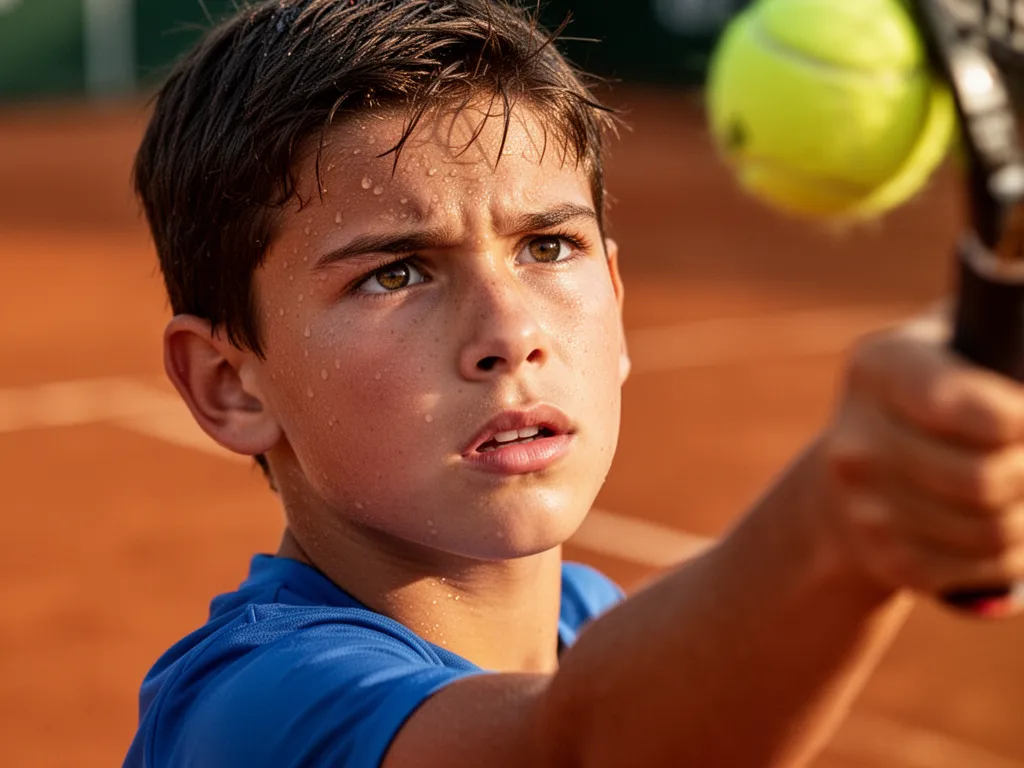 Tennis player concentrating intensely during serve with determined facial expression