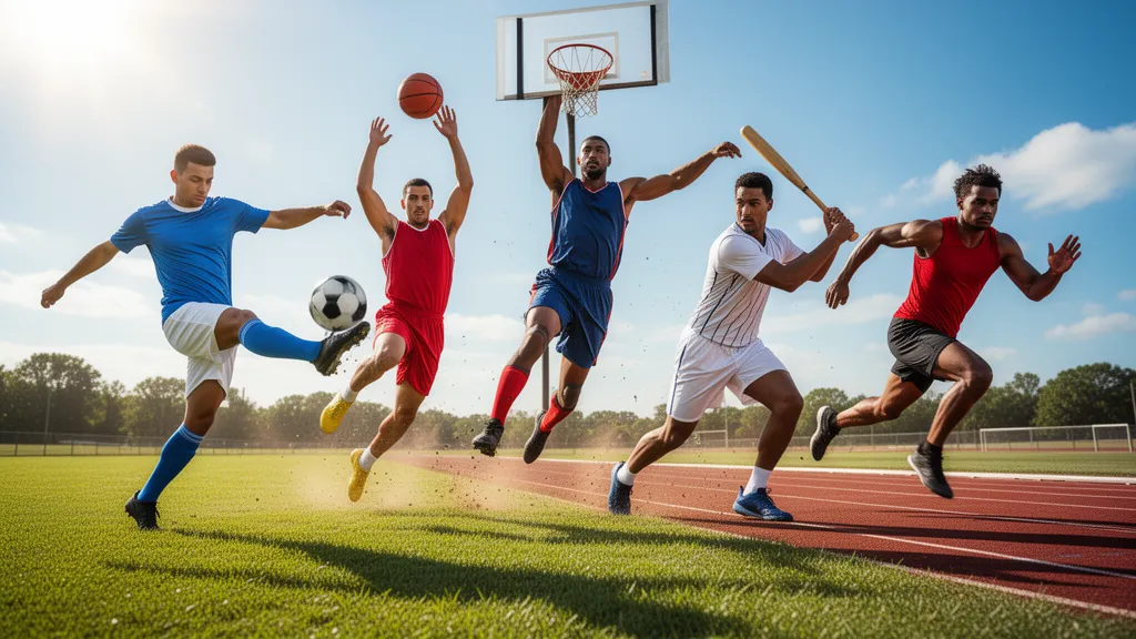 Multiple athletes from different sports competing simultaneously in dynamic outdoor action under natural sunlight.