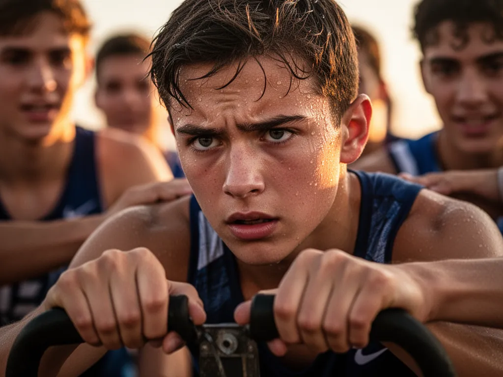 Young athlete's concentrated face during competition with supportive teammates visible in soft background lighting.
