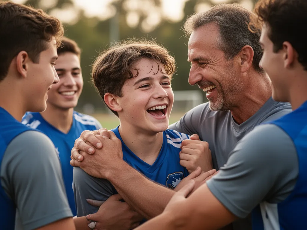Young athlete celebrating with coach and teammates showing genuine emotion and connection outdoors